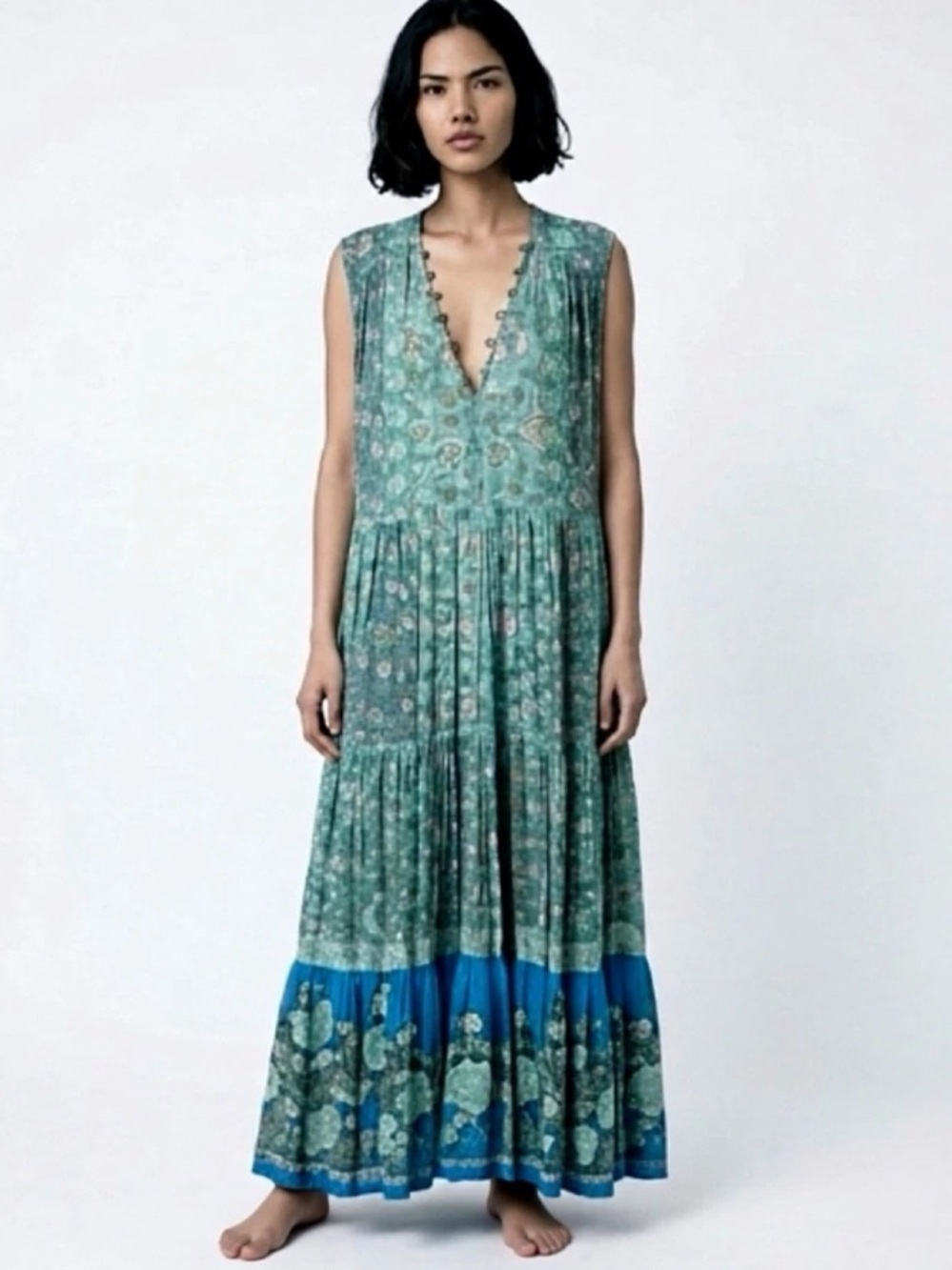 Free People Floral Hawaiian Boho Teal Floral Lace-Up Maxi Dress